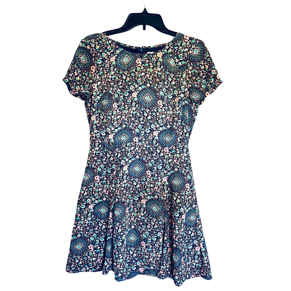 J. Crew Floral Abstract Fit Flare Dress Cap Sleeve Blue Pink Green Size 4‎ Lined